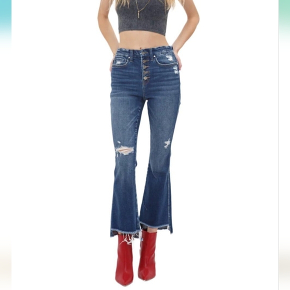 Mica Denim - NWT Mica Denim High-Rise Crop Flare Distressed Buttonfly Jeans